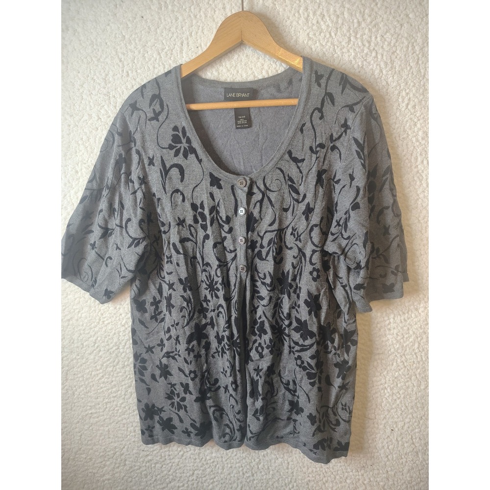 Lane Bryant Gray Black Floral Flocked Short Sleeve Cardigan Sweater 18/20